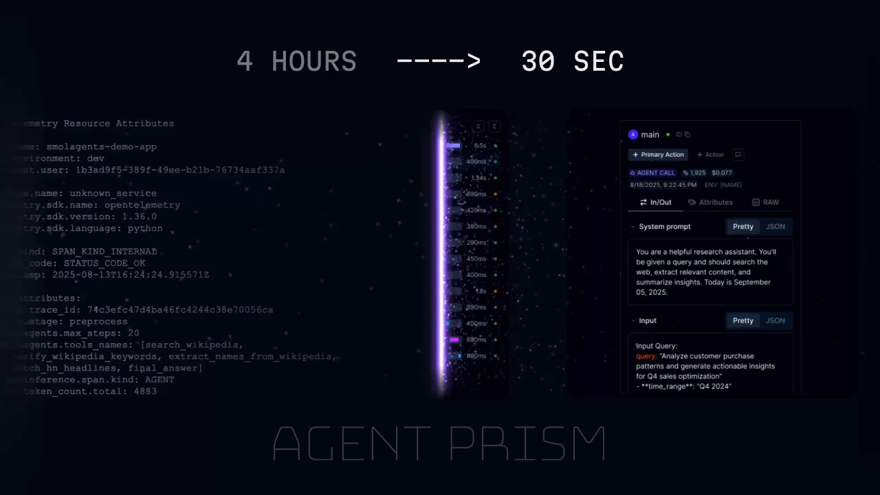 AgentPrism before-and-after: raw agent logs transforming into a structured visual trace.