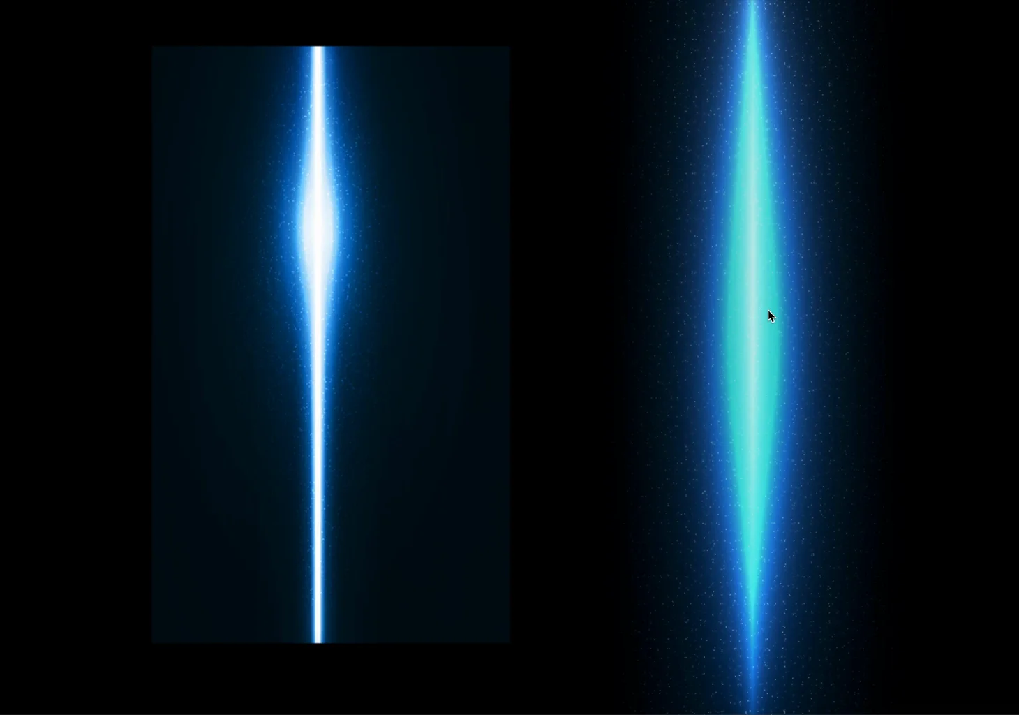 Two vertical glowing light beams, one white-blue and one cyan, against a dark starfield.
