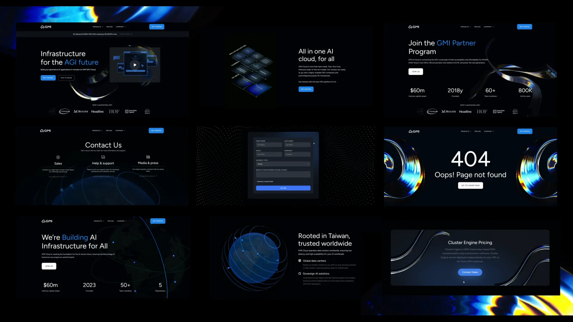 Grid of GMI Cloud pages — landing, pricing, and dashboards — with 3D visuals and dark, high-contrast type.
