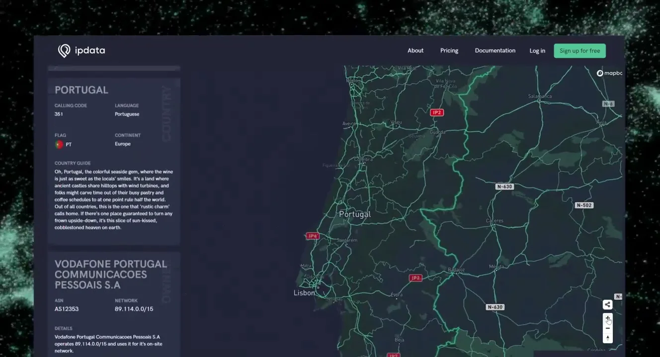ipdata dashboard UI showing IP intelligence data in a developer-facing interface.
